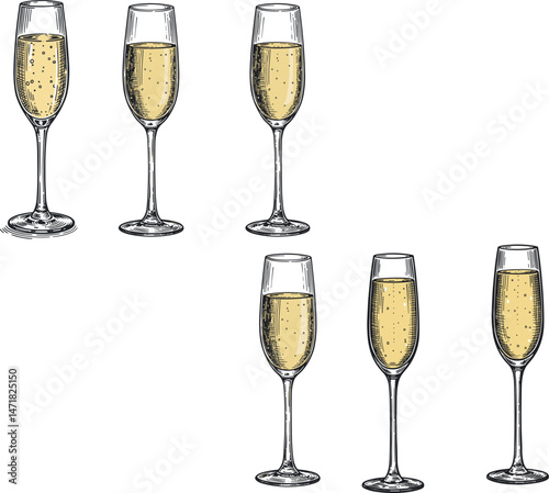 Set of champagne glasses with sparkling wine in vintage engraving style for celebration and party design
