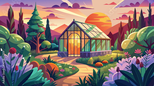 Vibrant garden at sunset with a greenhouse and flourishing plants in a tranquil rural setting. Very beautiful