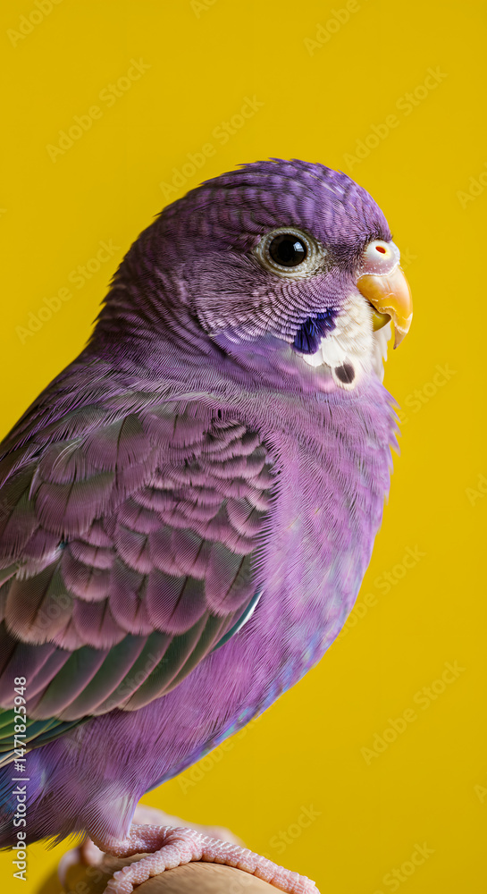 Fototapeta premium Vibrant purple bird perched gracefully against a bright yellow background, showcasing its intricate feather patterns and charming features, embodying the beauty of avian life