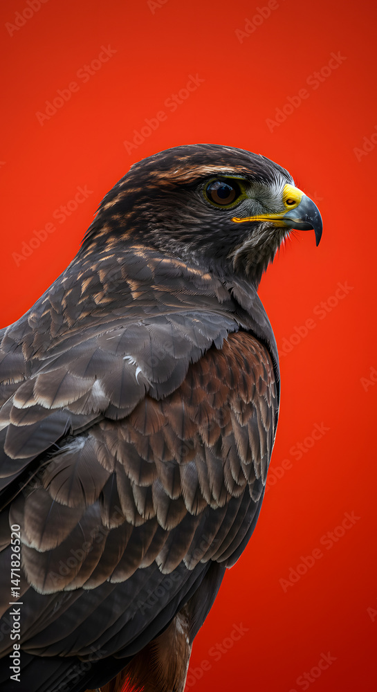 Obraz premium Majestic hawk with striking feathers and sharp beak perched against a vibrant red background, showcasing its keen gaze and powerful presence in nature's beauty