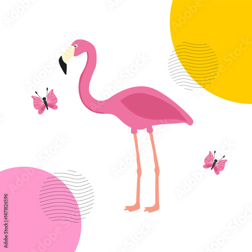 A poster with a bright flamingo and a butterfly. Vector illustration