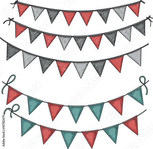 Colorful bunting flags set in vintage engraving style for party decoration, celebration, and festive design