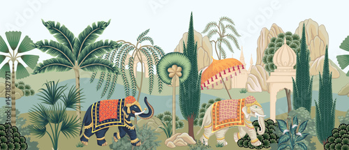 Indian elephants, architecture, palms, trees, plants, mountain, river seamless border. Oriental landscape mural.