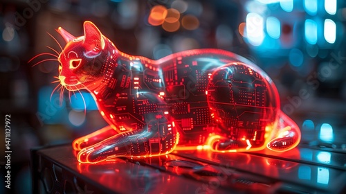 Cybernetic Feline: A Digital Cat in Neon Glow