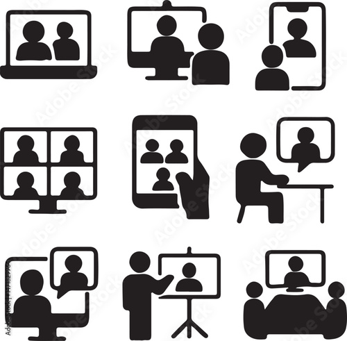 A comprehensive set of vector icons representing virtual meetings and online collaboration tools.