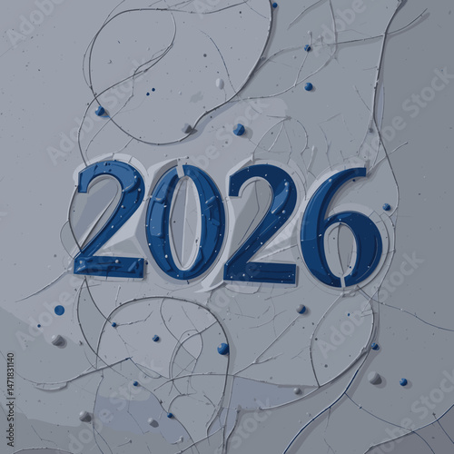 Three-dimensional number 2026 with abstract elements on a light gray background, glossy design, festive concept