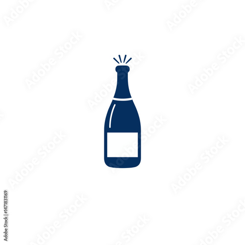 Stylized blue champagne bottle illustration on a white background with copy space