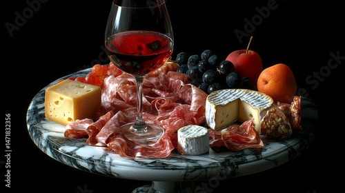 Gourmet platter of cheeses, meats, and fruit with wine glass.