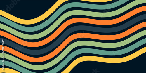 Abstract colorful 70s background vector. Vintage retro wallpaper with rainbow stripes and wavy lines. A 1970 color illustration suitable for posters, banners, decorative items and wall art.