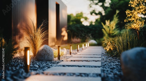 Peaceful pathway through a landscaped garden, lit by warm outdoor lights