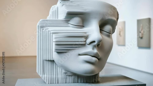 A large 3D printed sculpture of a human face, with an abstract artistic twist, placed in an art gallery