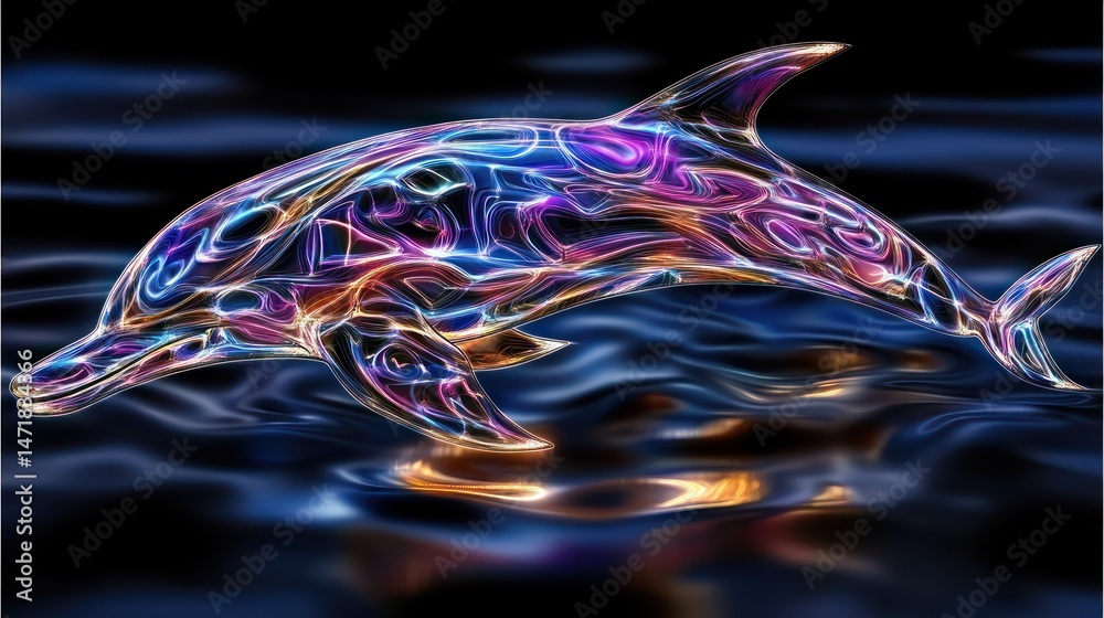 Obraz premium Abstract dolphin design, vibrant colors, and light effects on dark water