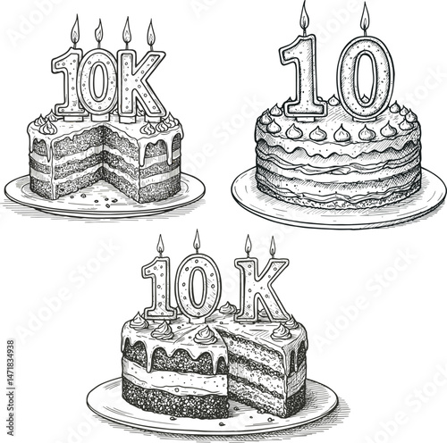 Set of celebration cakes with 10K and 10 candles in vintage engraving style, sliced and whole designs