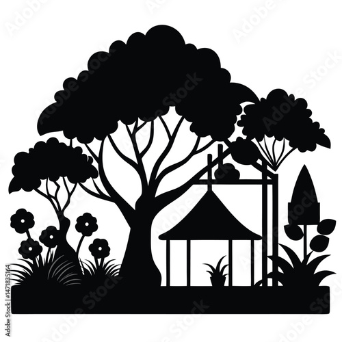 Backyard mixed garden with tree canopy and vines