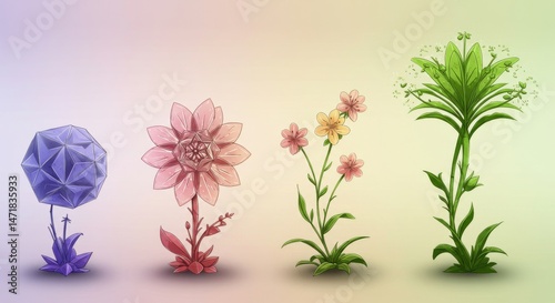 Colorful stylized plant life in various forms.