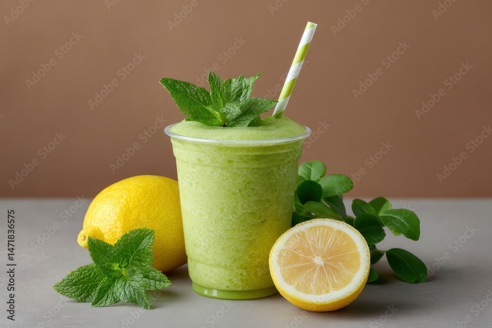 Fototapeta premium Refreshing Green Mint Lemonade Slush: A Vibrant Summer Drink