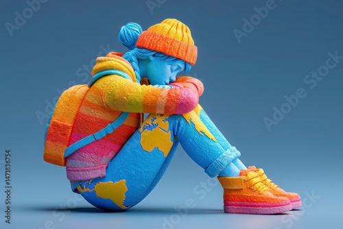 the image features a humanoid figure sitting on a solid surface in a crouching pose. the figure is wearing a knit hat, a jacket with a hood, pants, and shoes