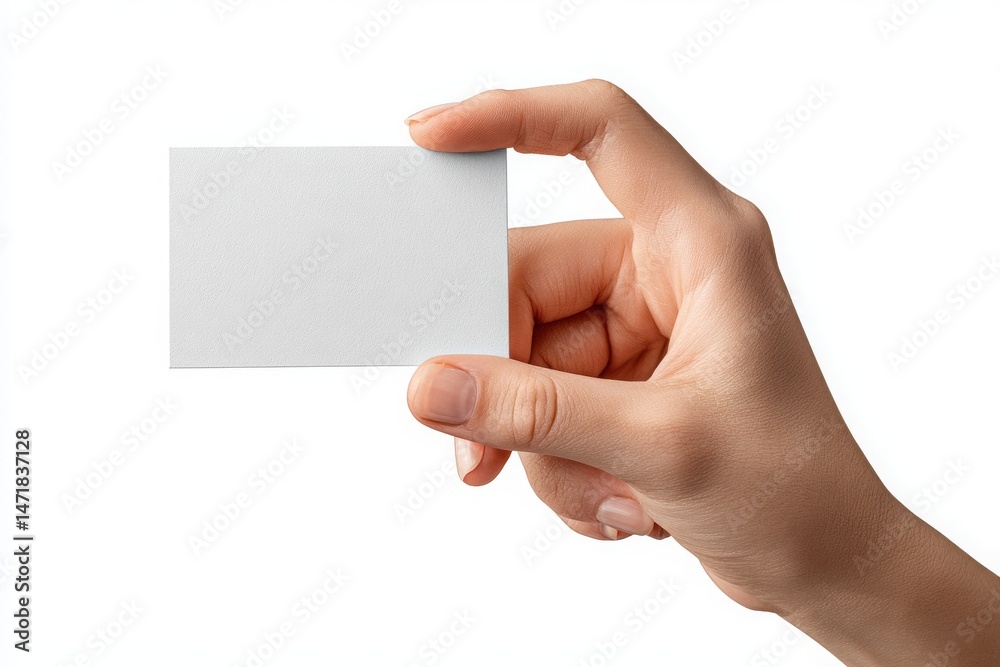 Obraz premium Blank Business Card Held by Hand on White Background