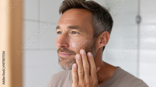 Man applying spf for face protection in bathroom for male grooming routine
