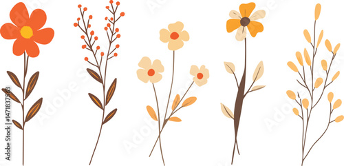 Beautiful wildflowers. Different types of flowering wild field plants, Panoramic view: bouquet of carnation, lilies, spring blossom. 