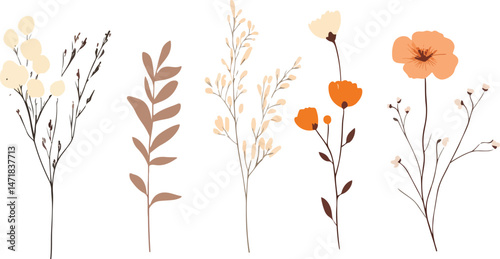 Collection of spring colorful flower elements vector. Set floral of wildflower, A whimsical enchanted garden with blooming flowers.