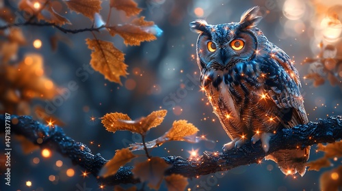 Magical Owl in Autumn Forest: A Sparkling Night