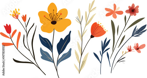  Set of spring postcards with hand drawn flowers. Beautiful romantic flower collection with roses, leaves, 