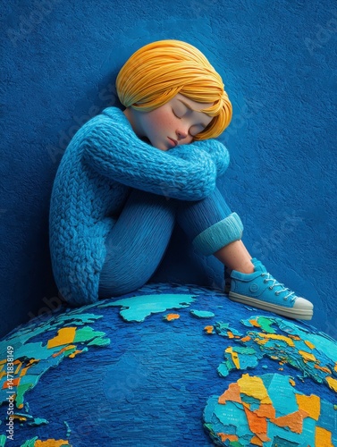 the digital image depicts a figure seated on a stylized representation of the world. the figure, with light hair and closed eyes, is clad in a textured, knit sweater and matching pants