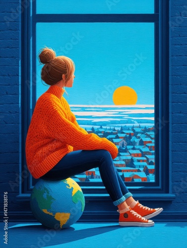 inside a room, a figure sits on a globe in front of a window. the figure is wearing a yellow sweater, dark blue pants, and shoes