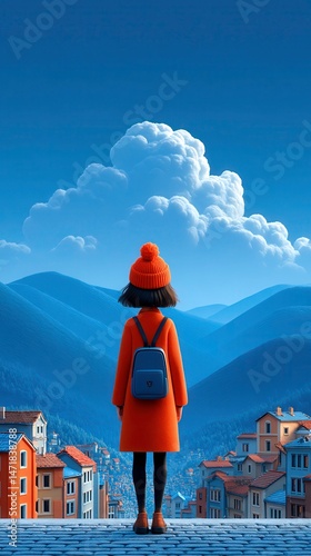 the image displays a figure standing on a stone platform, gazing at a scenic view. she wears a long garment, dark tights, and a bright head covering