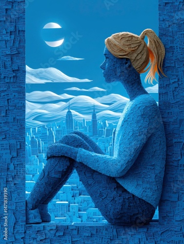 the image shows a seated person looking out over a cityscape at night, all rendered in textured paper like materials