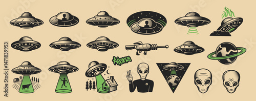 19 UFO, Aliens icons set. Vintage halftone Aliens icons isolated on white background. Aliens Spaceships. Design elements for logo, badges, banners, labels, posters. Vector illustration