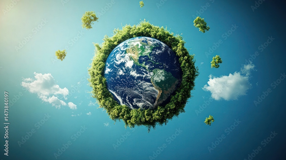 Naklejka premium Earth surrounded by greenery. Floating globe nestled in lush vegetation. Peaceful, serene image of our planet