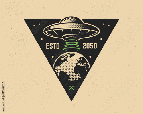 Flying saucer logo with alien spaceship abducting Earth inside a triangle badge. Perfect for sci-fi prints, stickers, t-shirts, and branding. Vector illustration.