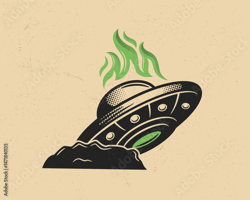 Burning UFO crash with retro sci-fi style and green flames. UFO Crash. Great for stickers, t-shirt prints, patches designs. Vector illustration.