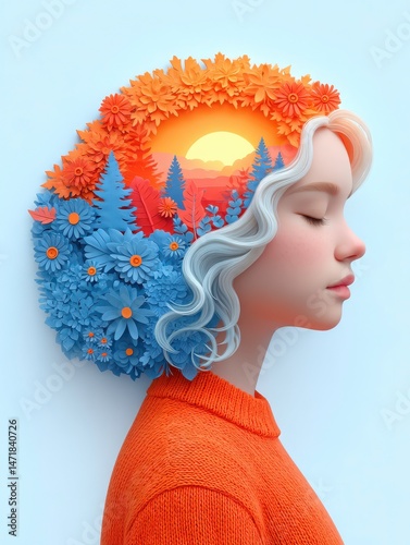 the image features a side portrait of a person with a whimsical landscape replacing the upper portion of their head