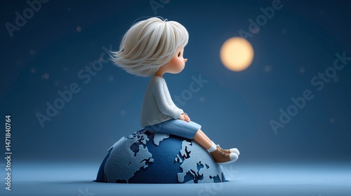 the image presents a cartoon figure sitting atop a globe against a night sky backdrop