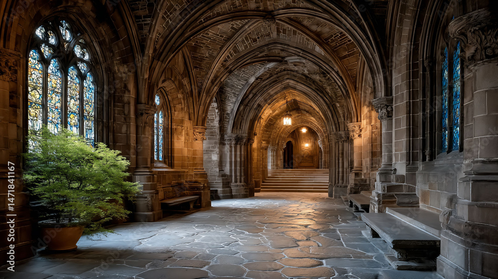Obraz premium Stone archway inside building with plant and windows