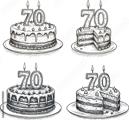 Set of 70th birthday cakes with candles in vintage engraving style, whole and sliced on white background