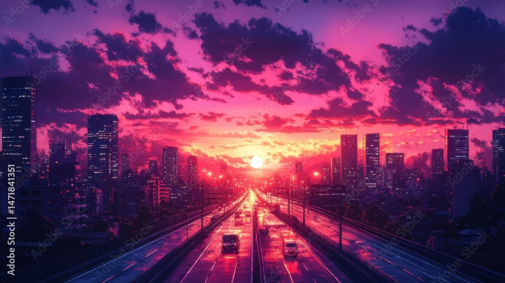 Fototapeta premium Vibrant Sunset over a City Highway - Abstract Art