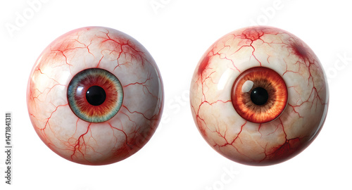 Eyeball with Veins: A single realistic eyeball with red veins and eerie stare, isolated on transparent background
