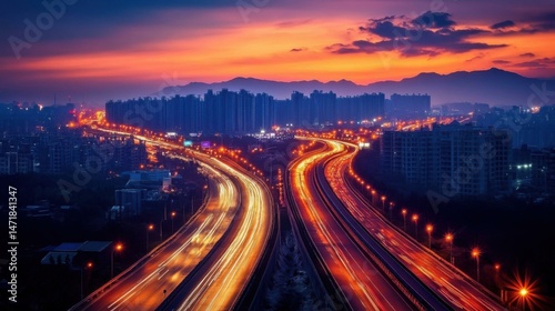 Vibrant Sunset over City Highway Interchange at Dusk