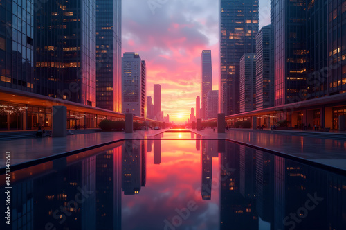 Reflective skyscraper business office buildings. Bottom up view of big modern city urban landscape offices.houses.modern.apartments bright saturated colors.generative ai