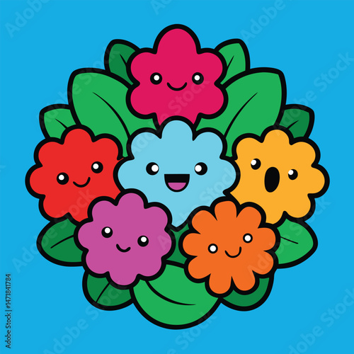 Whimsical doodle floral cluster with playful cartoon character faces integrated in blooms.