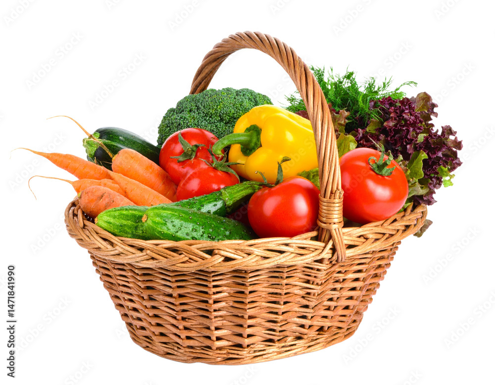 Fresh vegetables in wicker basket isolated healthy food concept transparent PNG cutout object