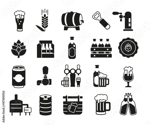 Beer icons. Set of 20 beer trendy minimal icons. Example: BeerGlass, Wheat, Keg, Bottle, Opener icon. Design signs for web page, mobile app, packaging design. Vector illustration.