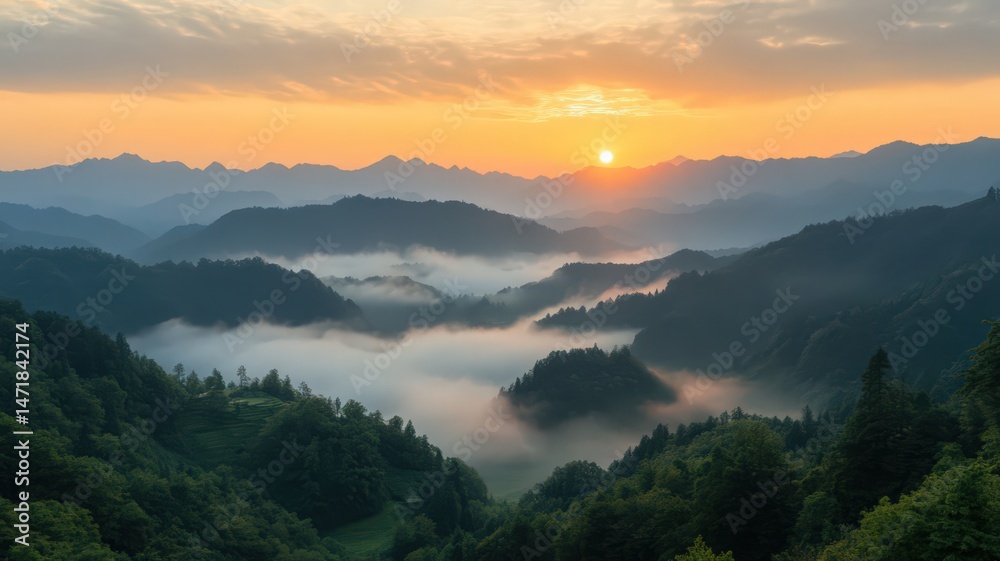 Fototapeta premium Misty Mountain Sunrise Landscape