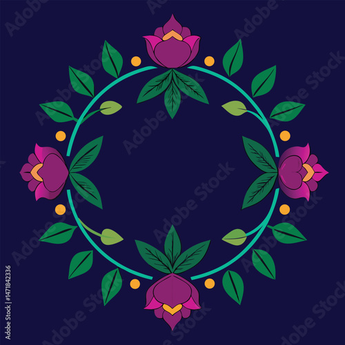 Ornamental embroidered flower frame in regal jewel tones for luxury and elegance.