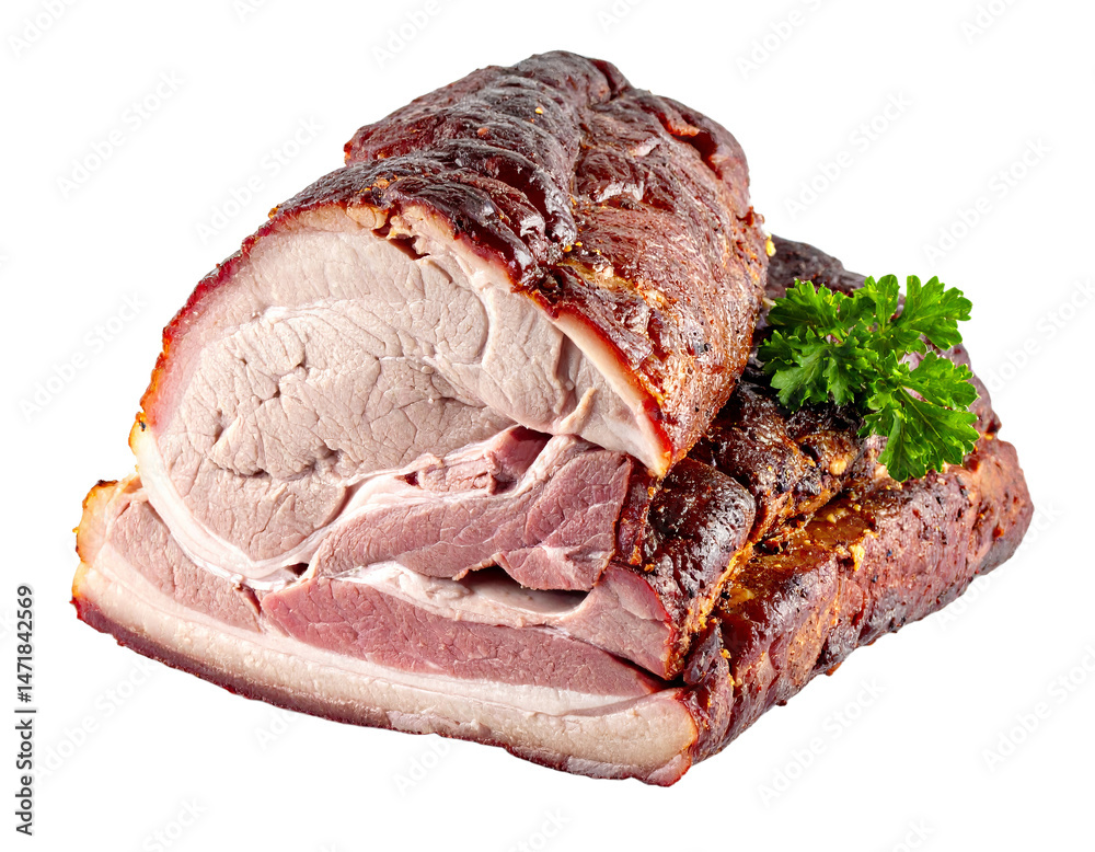 Smoked ham isolated cutout delicious cooked pork meat transparent background