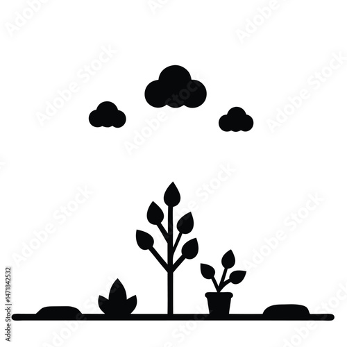 Illustration of a sustainable family garden using rainwater harvesting and permaculture techniques.